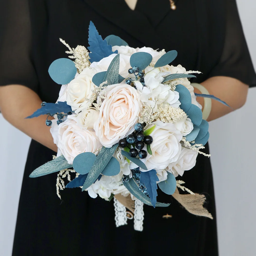 Artificial Wedding Flower Bouquet with Lace Burlap Ribbon for Bride Church  Decor,Dusty Blue Silk Rose Bridal Bouquet Flowers, image size:1054x1054