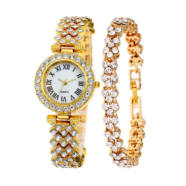 2 Pieces Set Rose Gold Watch For Girls Fashion Full Diamond Alloy