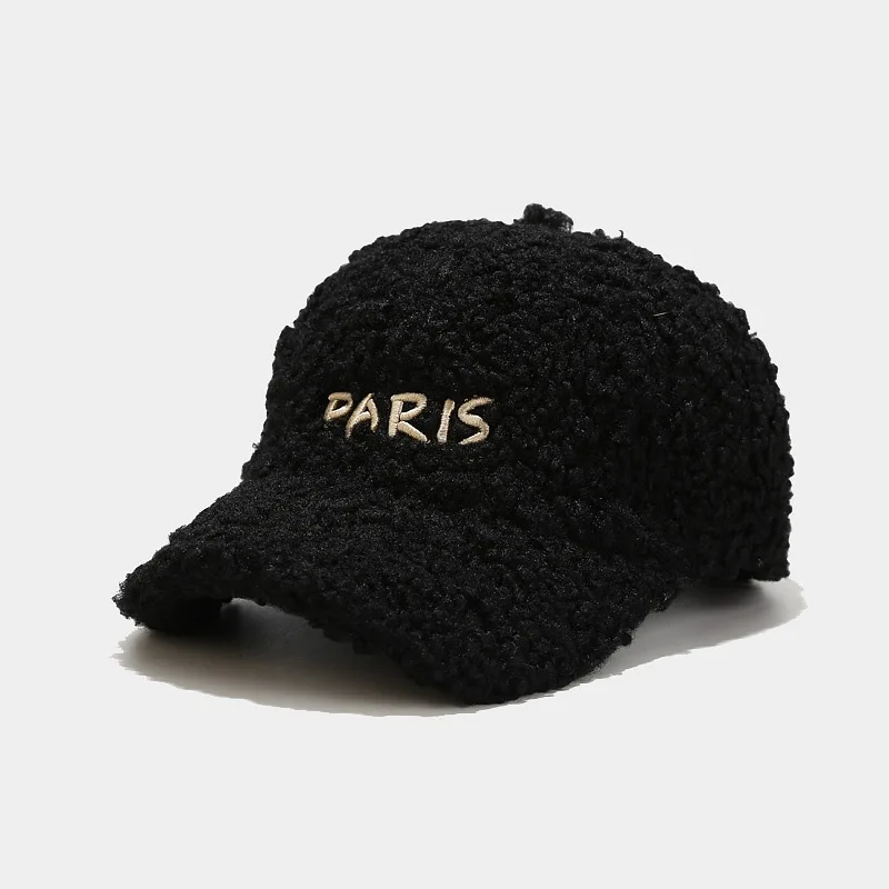 Winter Warm Sherpa Baseball Cap Paris Embroidery Plush Hat Snapback Cap