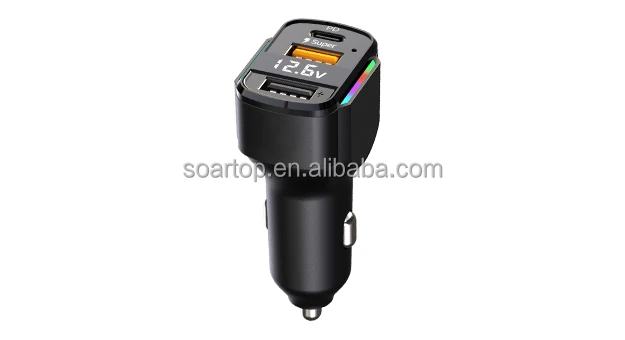 3 in 1 Car Charger Spring Charging Cable RGB Indicator Voltage Display with 3 USB Ports 65W Rated Power