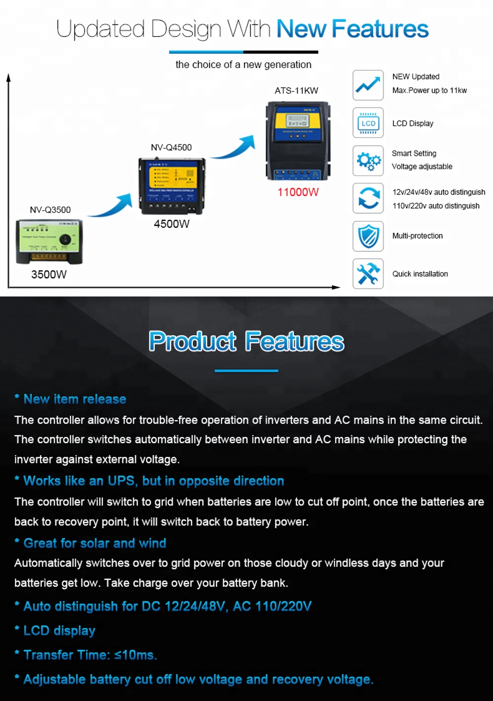 ATS Dual Power Transfer Controller Solar Charge Controller Power Switch Regulator DC 12V 24V 48V AC 110V 220V Automatic