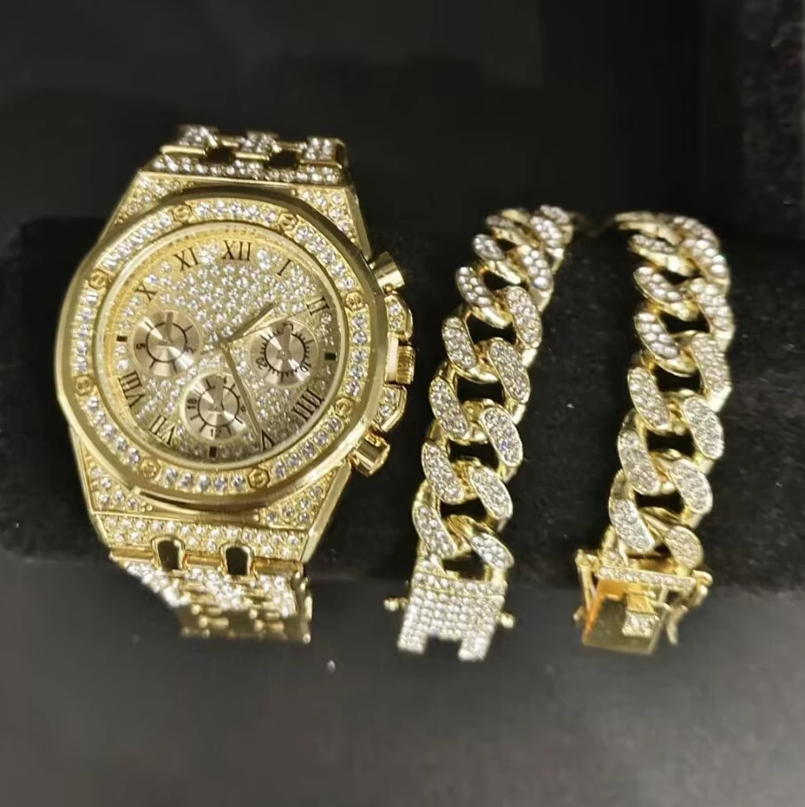 3PC Hip Hop Luxury Watch Necklace Bracelet Set for Men & Women display picture 1