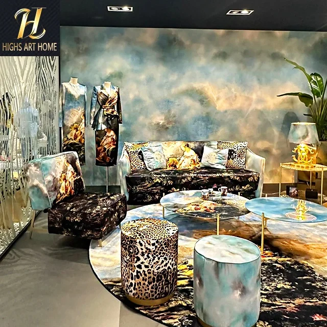 Nordic Design Italian Oil Painting Style Cloth Sofa Designer New Leopard Print Three Sofa for Villa Living Room