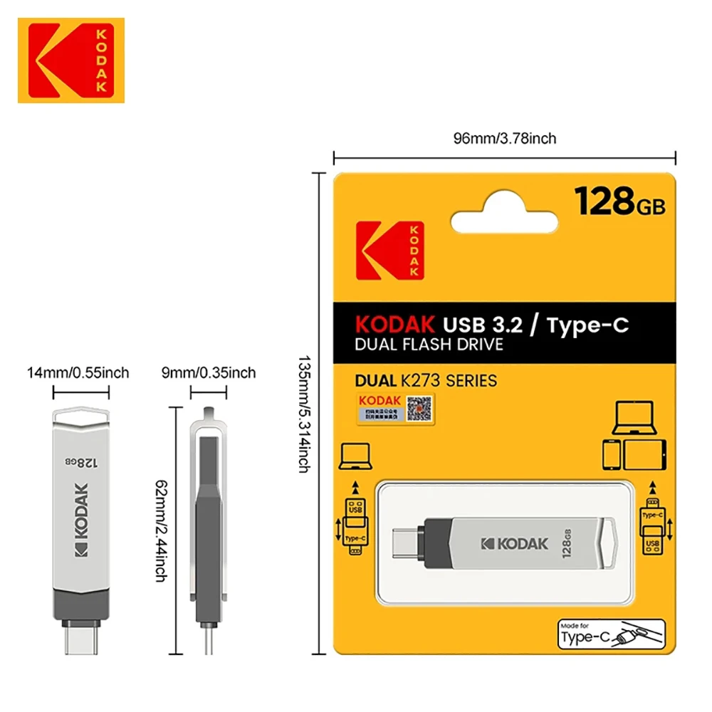 Kodak USB 3.2 Type C OTG Dual Flash Drive K273 Mini Pendrive Metal U-disk Portable 2in1 256 GB USB Flash Drive