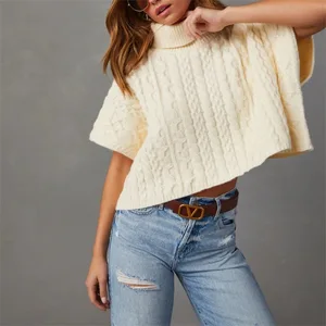 2026 Loose Casual Women's Pullover Turtleneck Knitted Sweater Sleeveless with Front Logo Position