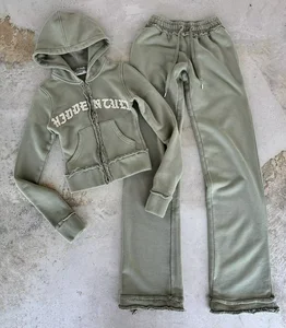 Embroidery Washed Cropped Sport Street Wear Custom Logo Zip up Two 2 Piece Sweatpants and Hoodie Set Joggers Tracksuits Womens