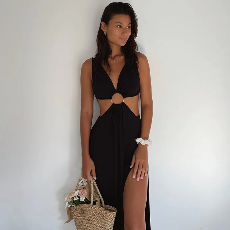 Fashion Vacation Sexy Split Maxi Dress Summer Sexy Spaghetti Strap Backless  Long Dresses Women Casual Beach Elegant