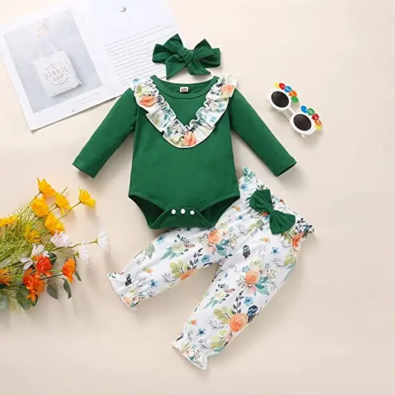 Infant Baby Girl 3PCs Long Sleeve Cotton Romper Flowers Pants with Headband Outfits Set for 0-18Months