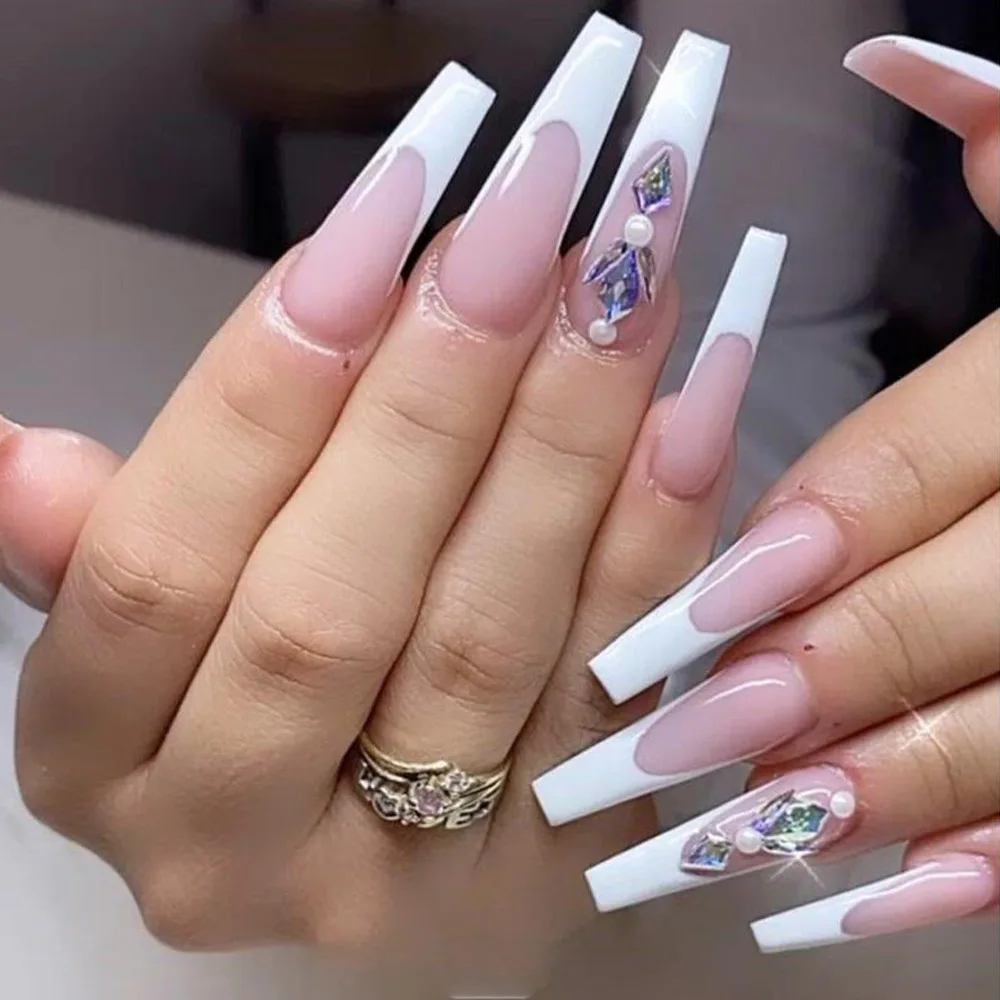 Super Long Ballet Luxury Diamonds Press On Nails Wedding Nude White French  Reusable Fake Nails Artificial Fingernails - Buy Fake Nails Medium Length  Acrylic French Nails Simply Shiny Pink Beige White False