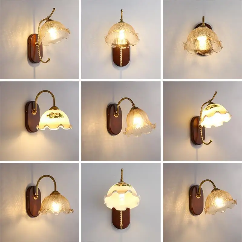 Nordic Minimalist Solid Wood Glass Wall Lamp Japanese Style LED Light American Retro for Bedroom Living Room Corridor Aisle Iron