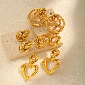 Vintage Style Women Multi Circle Heart Chunky Stud Earrings Stainless Steel Stud Earrings