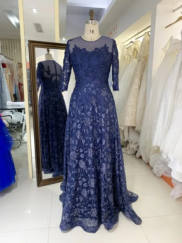 Navy Blue Plus Size Embroidery Full Sleeve Back Tulle Skirt Mother Of