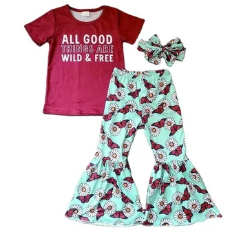 Red T-shirt with bell printed trousers children's suit fashion casual short sleeve summer baby girl boutique children's clothing