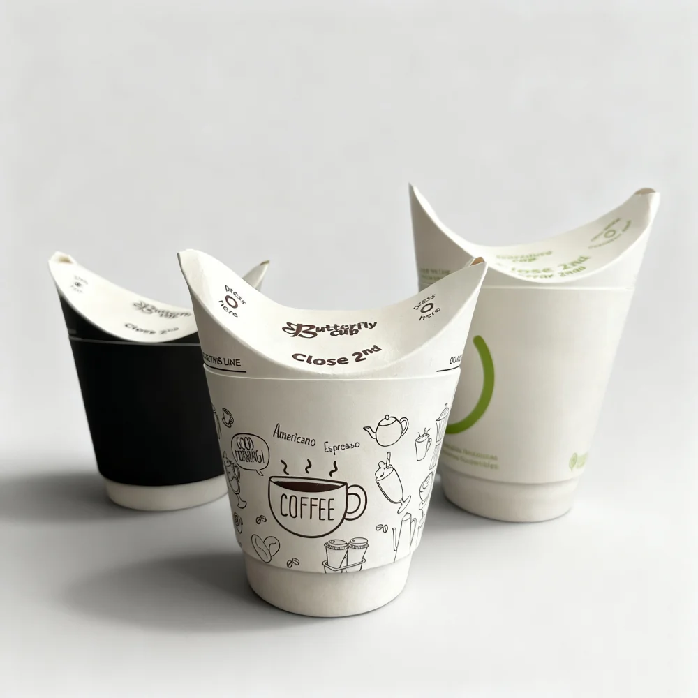 Free Sample Custom Logo Size Cafe Paper Disposable Foldable Butterfly Cup Kraft Hot Drink Cup No Lids Easy Drinking