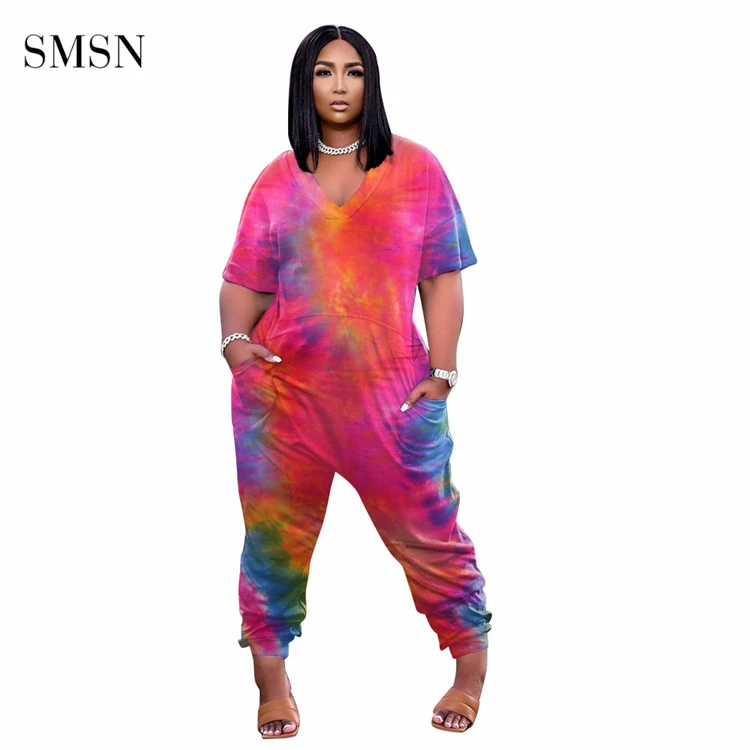 OSINA High Quality Casual Short Sleeve Tie Dye Pockets Leisure Wear Women One Piece Rumper Jump Suits Jumpsuits For Women