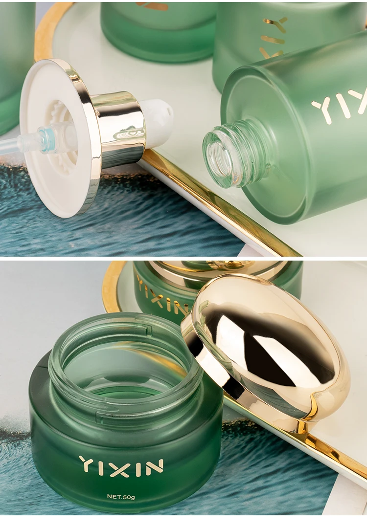 frosted green hot stamping gold logo skin care packaging ball shape lotion pump cream jar glass bottle set custom color factory