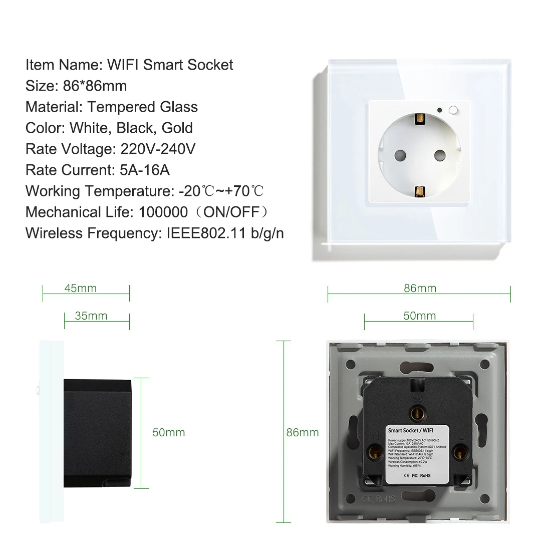 220V Tuya Smart WiFi EU Glass Wall Socket Electrical Power Outlet