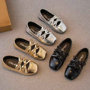 New Design Spring and Autumn Gold Silver PU Leather Shoes Girls Princess Footwear Shoes with Double Bow