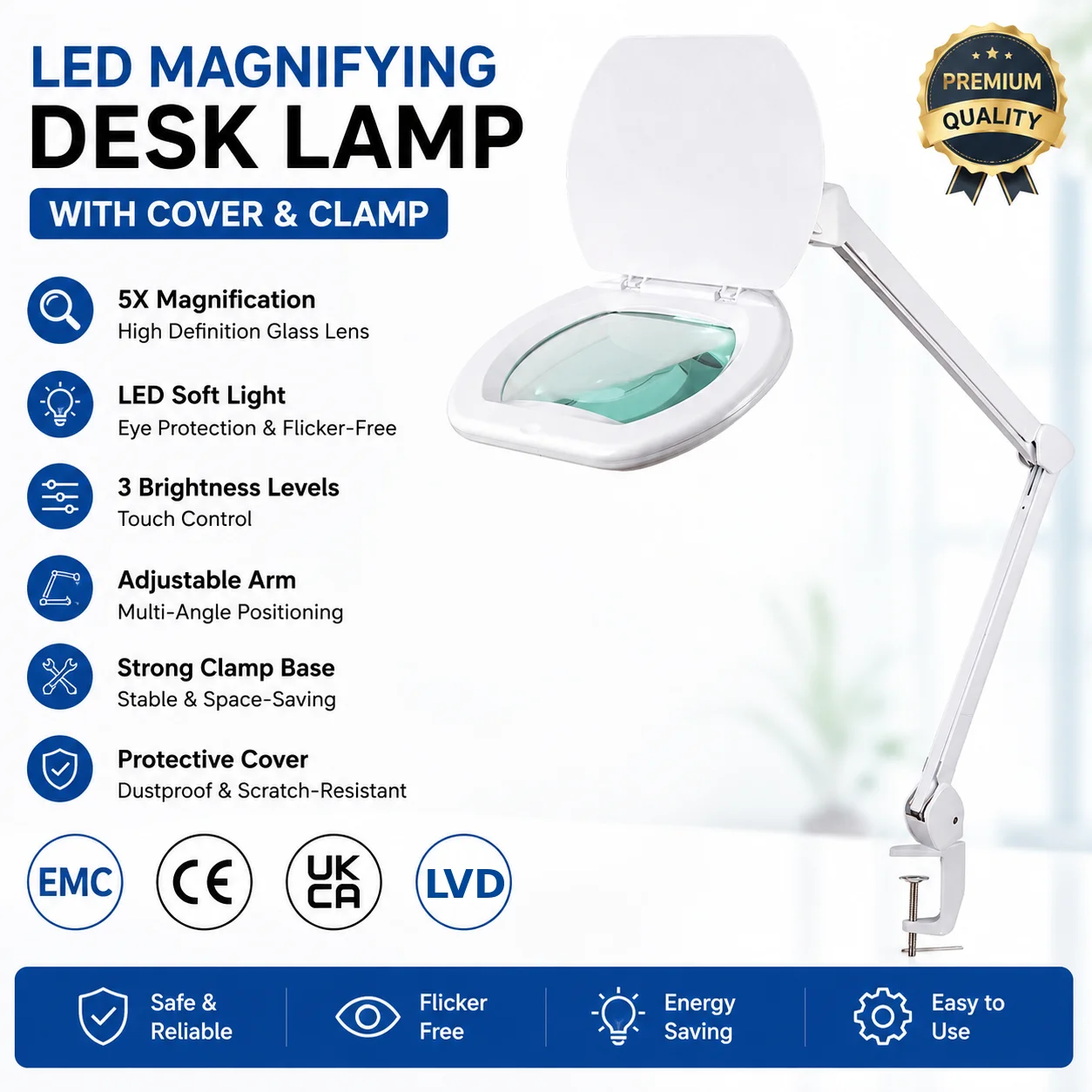 Industrial Touch Control Clamp on Free Design LED 84PCS SMD Folding Clamp Magnifying Glass Light Lamp for Eye Beauty Facial Skin