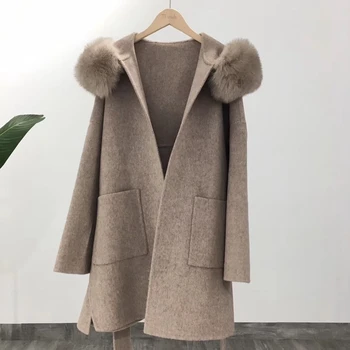 Winter Fashion Woman lamb Cashmere Outwear Real Fox Fur Collar Wool Fur Coat