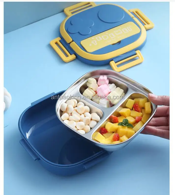 Cute Portable Plastic Rectangle 3-Compartment Lunch Box with Handle Easy to Clean Children's Newborn Use School Work Daycare