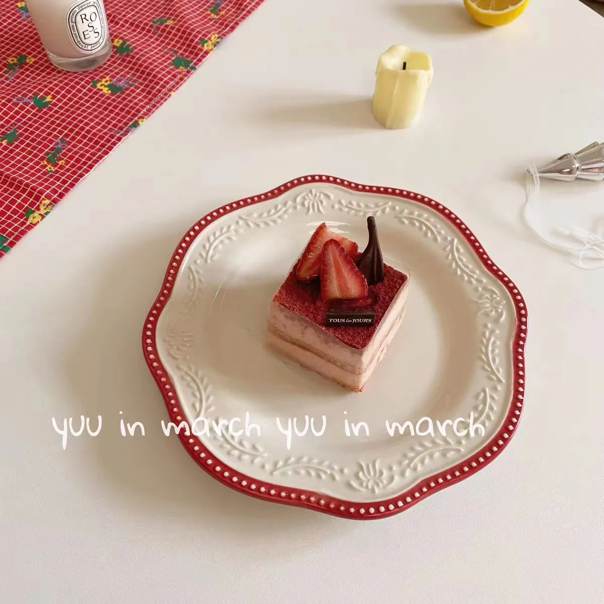 product 85in european lace embossed bead point western plate palace dessert cafe retro flat pastry plate483-51