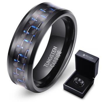 In Stock Fashion Jewelry Rings 8mm Tungsten Inlay Ring Carbon Fiber Blue Black Men Tungsten Ring