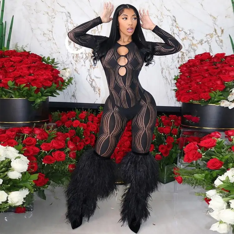 Deep V Neck Burn Hollow Out Mesh Stitching One Piece Jumpsuit Club Women Rompers