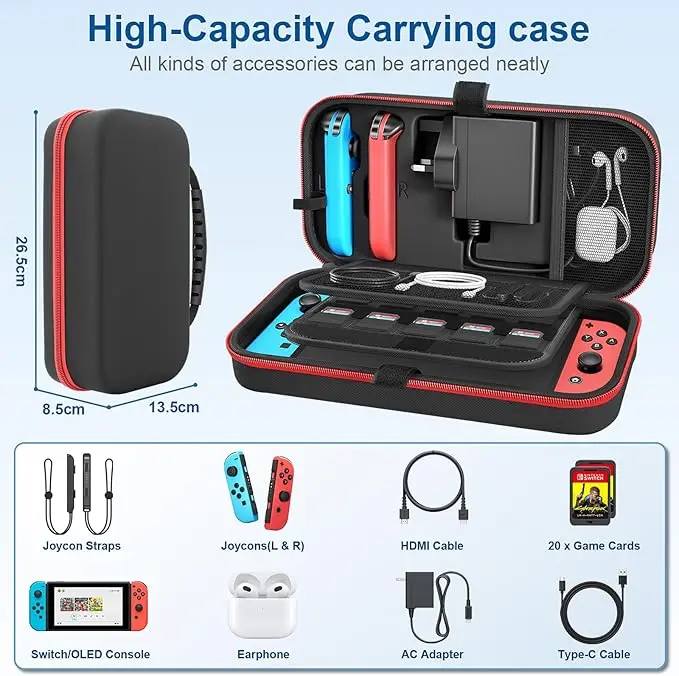 product portable hard shell pouch carrying travel game bag with 20 game cartridge case fit joy con and ac adapter for switch-30