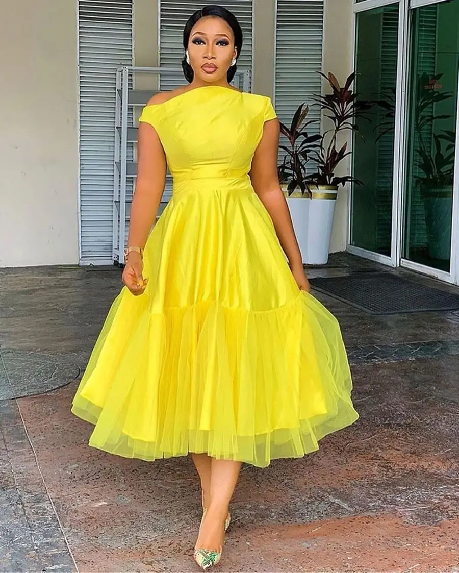 2022 Summer Short Sleeve Cold Shoulder Solid Color Neon Yellow Slim Fit Mid-waist Plus Size Ruffle Mesh Casual Dress