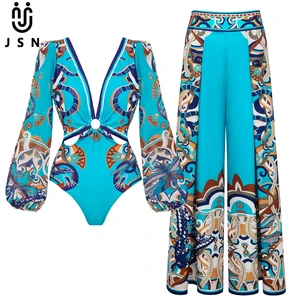 JSN 2026 Customized New Trendy Sexy Swimsuit for Women's Printed Deep v Neck Two Piece Long Sleeves Bikini Set with Swimdress