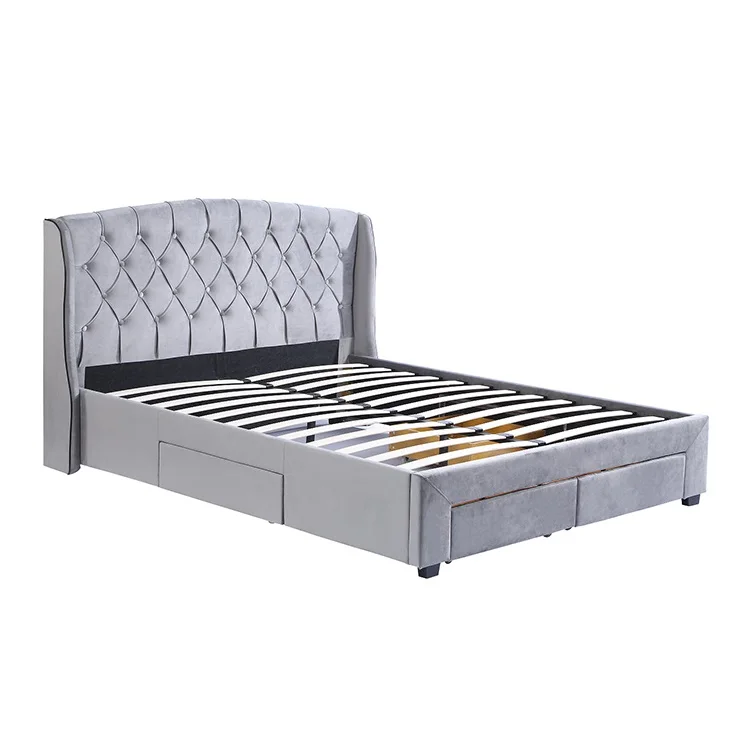 Stylish Grey Upholstered Bed Frame With High Headboard and Convenient Underbed Storage Drawers