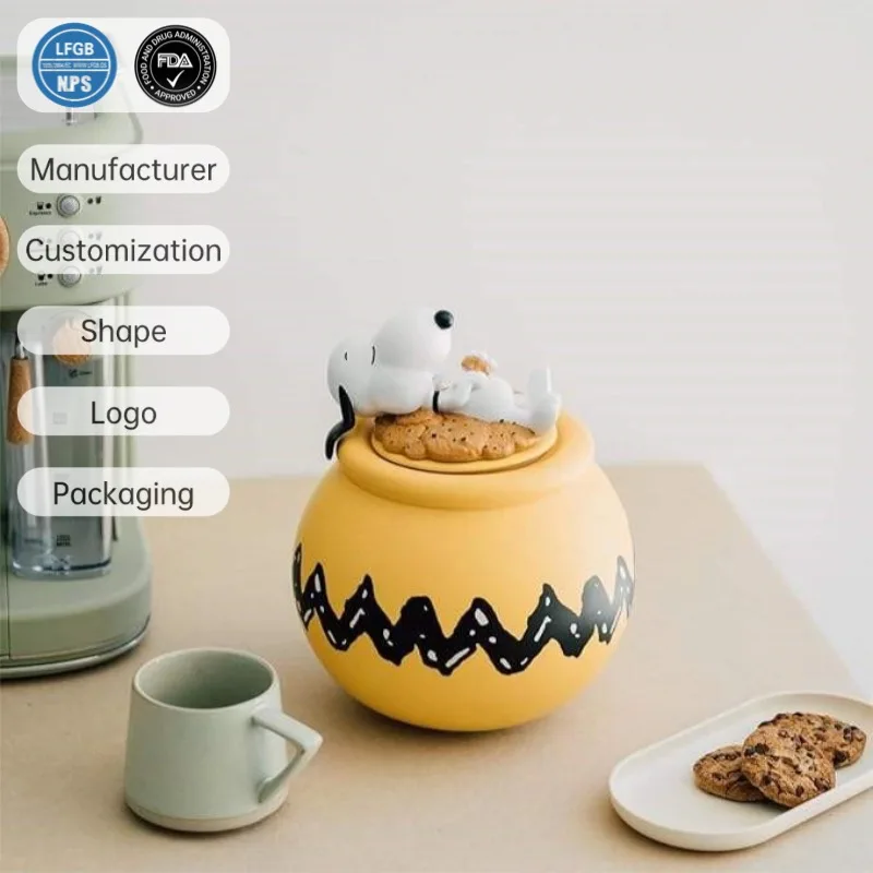 Snoopy Cookie Jar With Lid - Cartoon Ceramic Biscuit Jar For