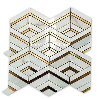 Calacatta Gold Brass Inlay Marble Waterjet Mosaic Backsplash Tiles For Modern Kitchen Home Decor