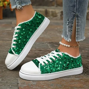 Wholesale New Cross-Border Plus Size Women's Casual Shoes Lace-Up Closure Featuring Lace Sequins Fabric Flat Women Shoes