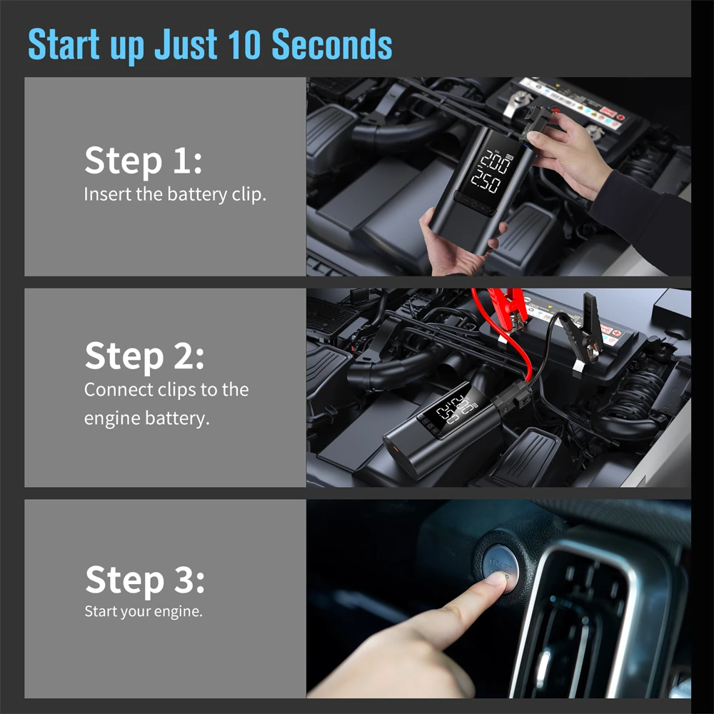 High Quality Auto Stop Mini Booster Car Jumper Starter 12V Battery Pack Digital Smart Tyre Inflator and Battery Jumper