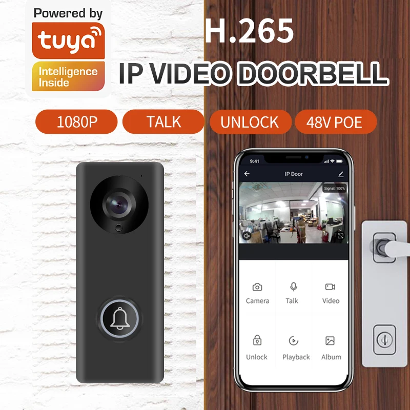 Tuya Smart Life 1080P FHD  H.265 IP Audio Video Doorbell 12V DC 48V POE Wired Unlock Lock Door Bell Camera with 140 View Angle