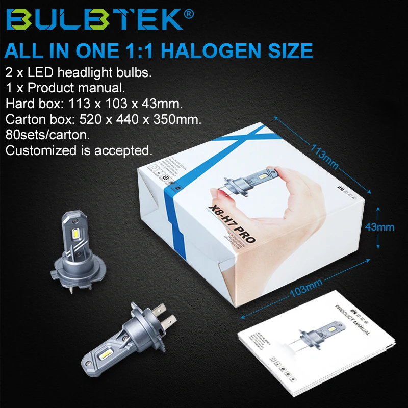 BULBTEK X8 H7 Pro 360 LED Light Canbus Ampoule 6000K 6500K 100W Halogen Replacement Mini Auto Car Lamp LED Headlight Bulb for VW