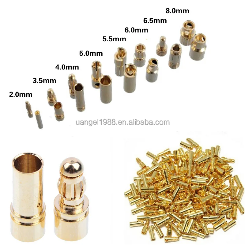 Suitable for Lithium Polymer Batteries 2.0mm3.0mm3.5mm4.0mm5.0mm5.5mm6.0mm6.5mm8.0mm 18 Pieces in 9 Sizes Banana Bullet Connector Plug Male Female 