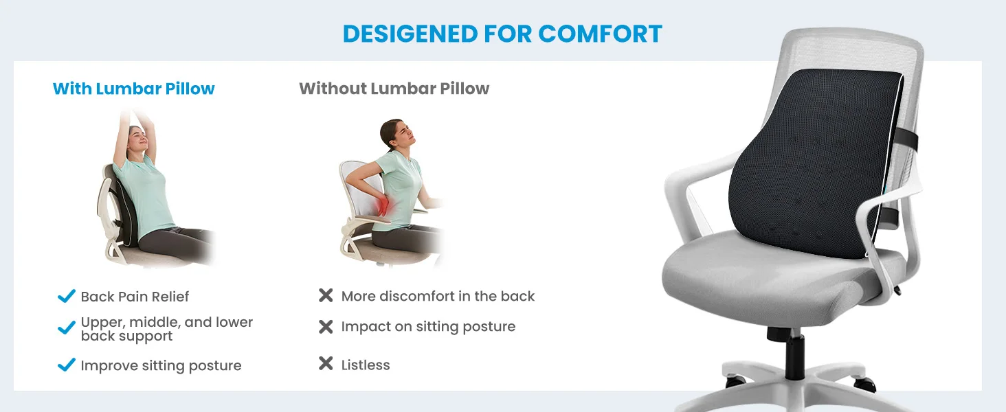 Office Chair Lumbar Support Cushion Relieve Back Pain Improve Posture Memory Foam Seat Back Seat Cushions & Pillow for Chair