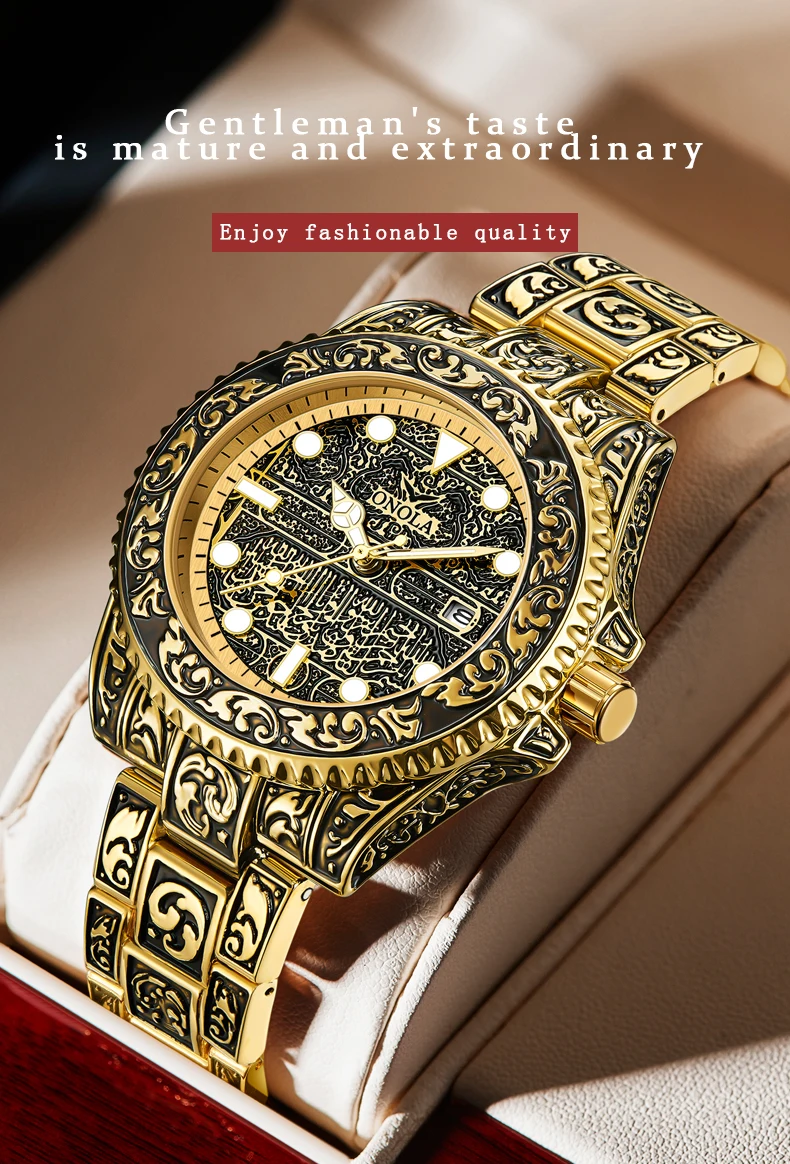 ONOLA 3830 44mm Automatic Mens Quartz Watches Gold Watch for Men Waterproof Luxury Arabic Wrist Watches