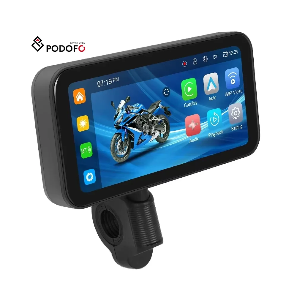 Podofo 6.25 Inch Portable Wireless Carplay Android Auto IP67 Waterproof for Motorcycle DVR BT Front Back Camera Auto Electronics A3660