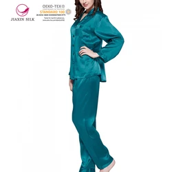 Womens Solid 13 Color Luxury 22momme Silk Satin Pyjama Sleepwear V Neck Long Sleeve Onesie Pajamas Female Silk Nightwear NO 5