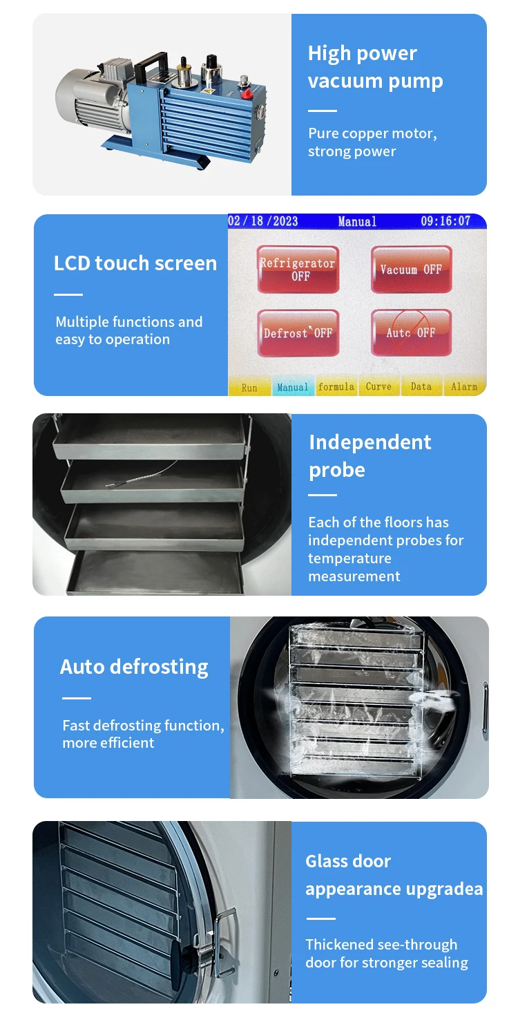 8 Trays Automatic Electric Heating Freeze Drying Dryer Machine Vacuum Pump SUS304 Stainless Steel 10-12kg Batch Capacity for 8 Trays Automatic Electric Heating Freeze Drying Dryer Machine Vacuum Pump SUS304 Stainless Steel 10-12kg Batch Capacity for