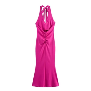 Women's 2026 Summer Solid Color Backless Pleated Dress with Breathable Polyester/Cotton Fabric for Daily Vacation Wear