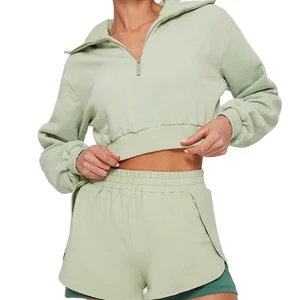 Custom Logo Half Zipper Cropped Sets 2 in 1 Shorts Sets Tracksuit for Women