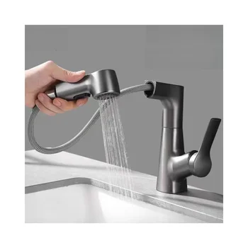 High Quality Luxury Bathroom Hot And Cold Grey Color Water Basin Mixer Pull Out Basin Faucet