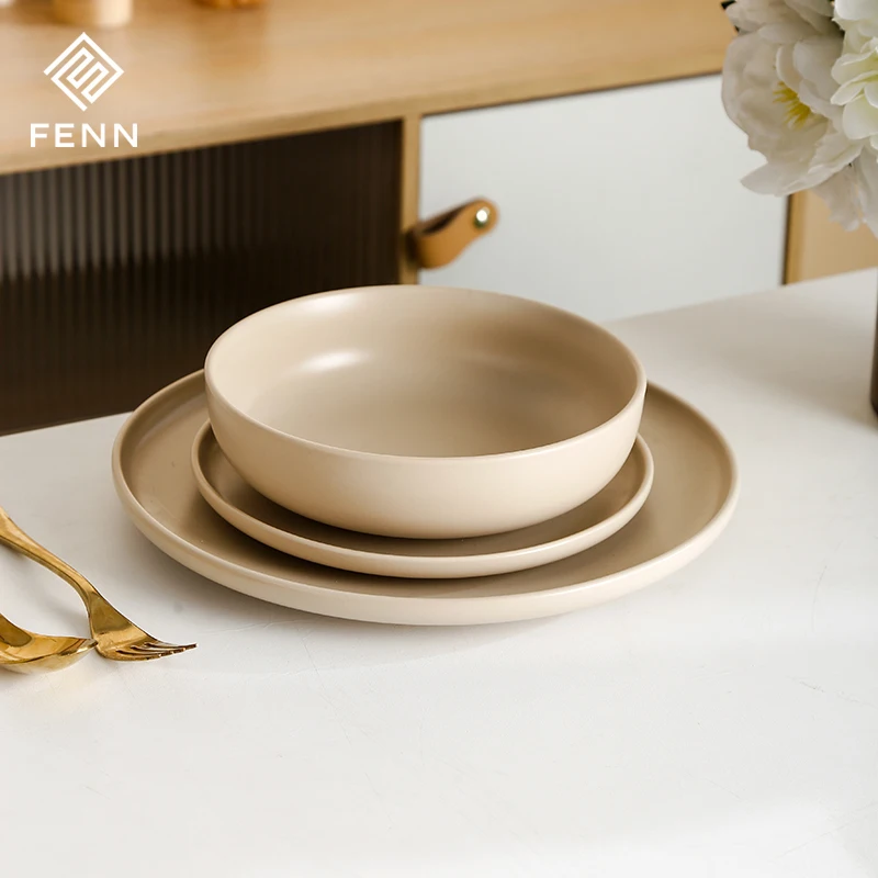 Noedic Style Assorted Colors Concise Design Beige Brown Glazed Catering Plate Ceramic Dishes Plates Bowls Sets For Wedding