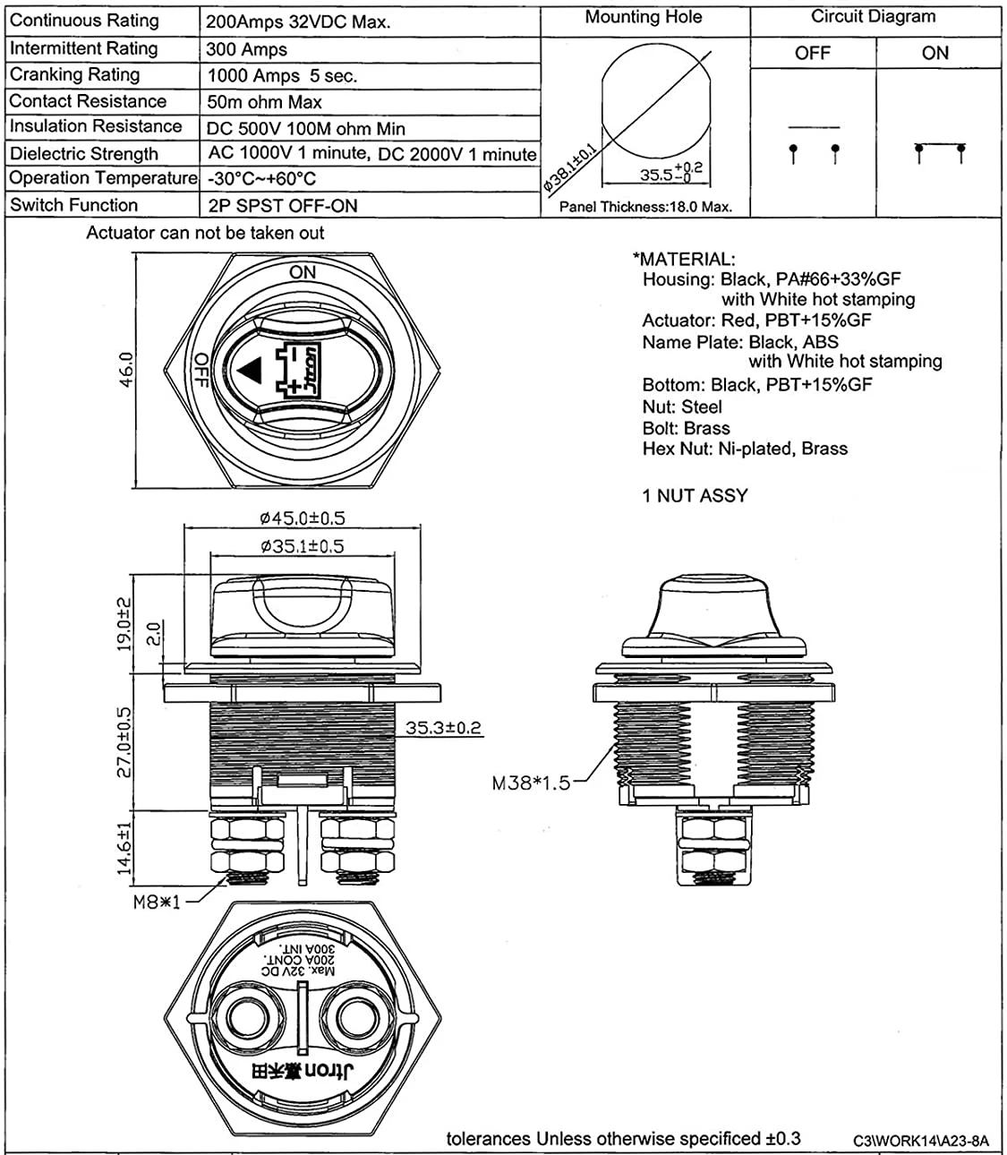 200A Max 32VDC 2 Position Battery Isolator on OFF Kill Switches Battery ...
