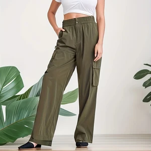 Women's Army Green Casual Loose Wide Leg Overalls Elastic Waist High Waist Straight-Leg Breathable Canvas Summer Plain Dyed